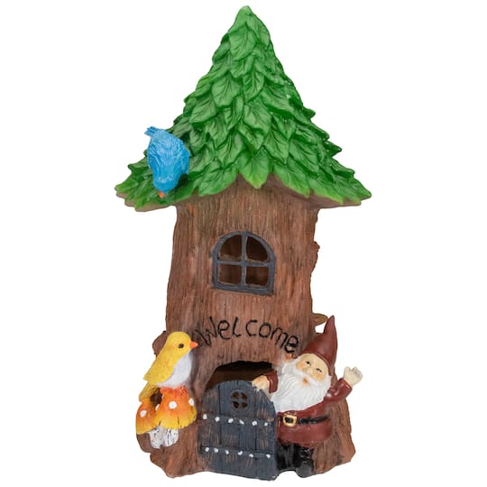 14&#x22; Solar Lighted Welcome Gnome Tree House Outdoor Garden Statue